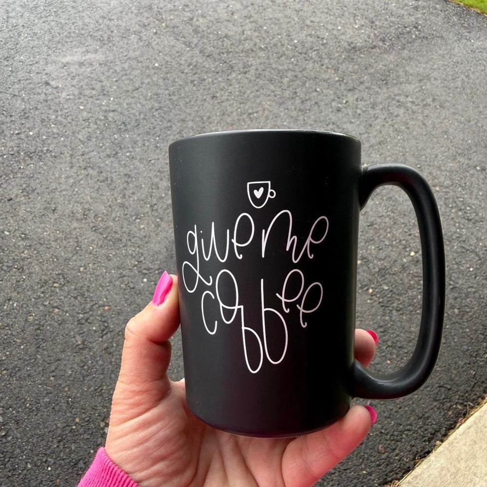 New "give me coffee and tell me I'm pretty" black coffee mug with white writing